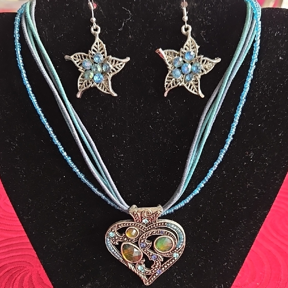 Silver & Blue Flower Earrings and Heart Pendant Necklace Set